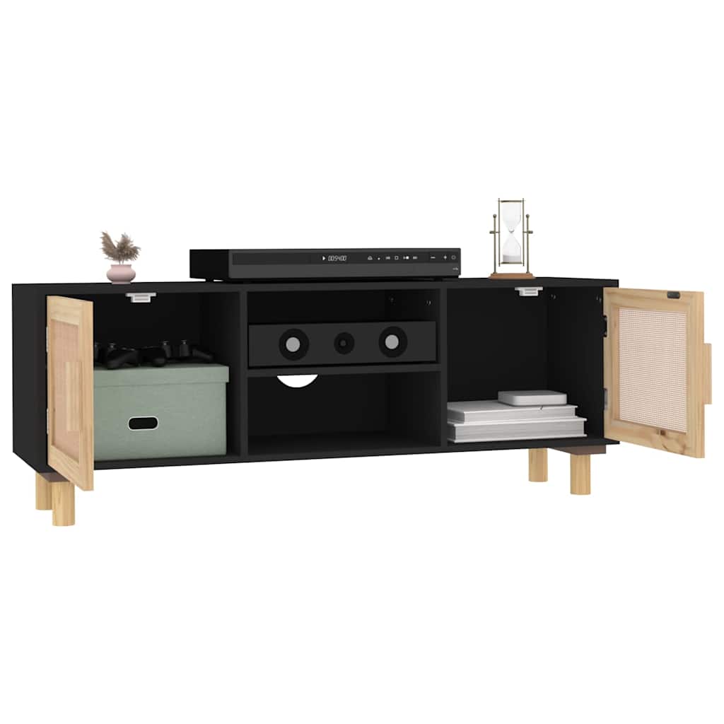 TV ormarić crni 105 x 30 x 40 cm od borovine i prirodnog ratana