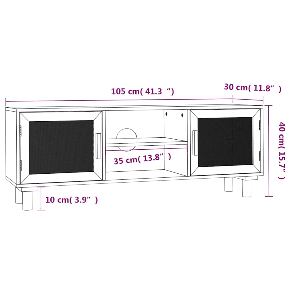 TV ormarić crni 105 x 30 x 40 cm od borovine i prirodnog ratana