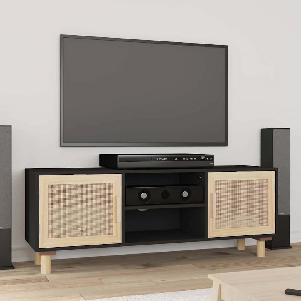 TV ormarić crni 105 x 30 x 40 cm od borovine i prirodnog ratana