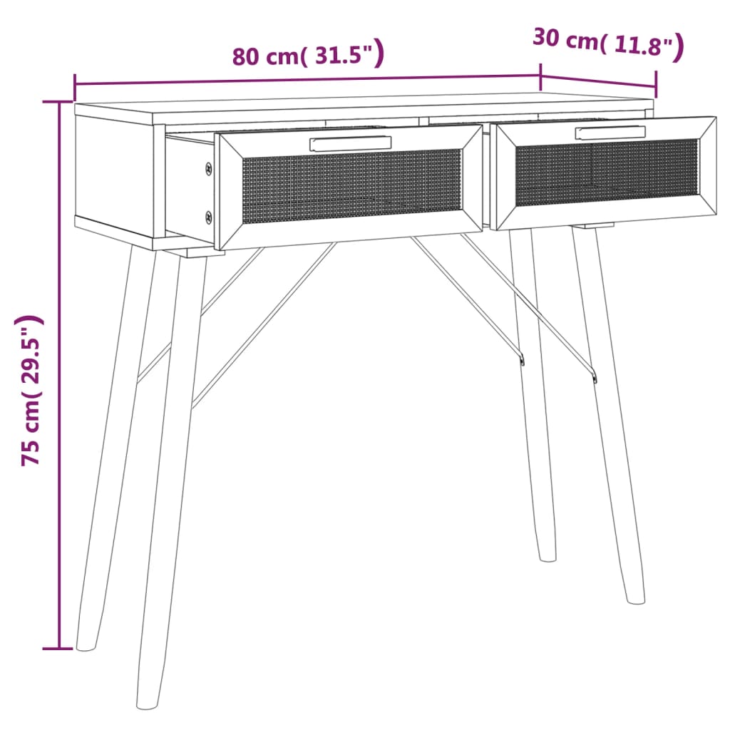 Konzolni stol bijeli 80x30x75 cm od borovine i prirodnog ratana
