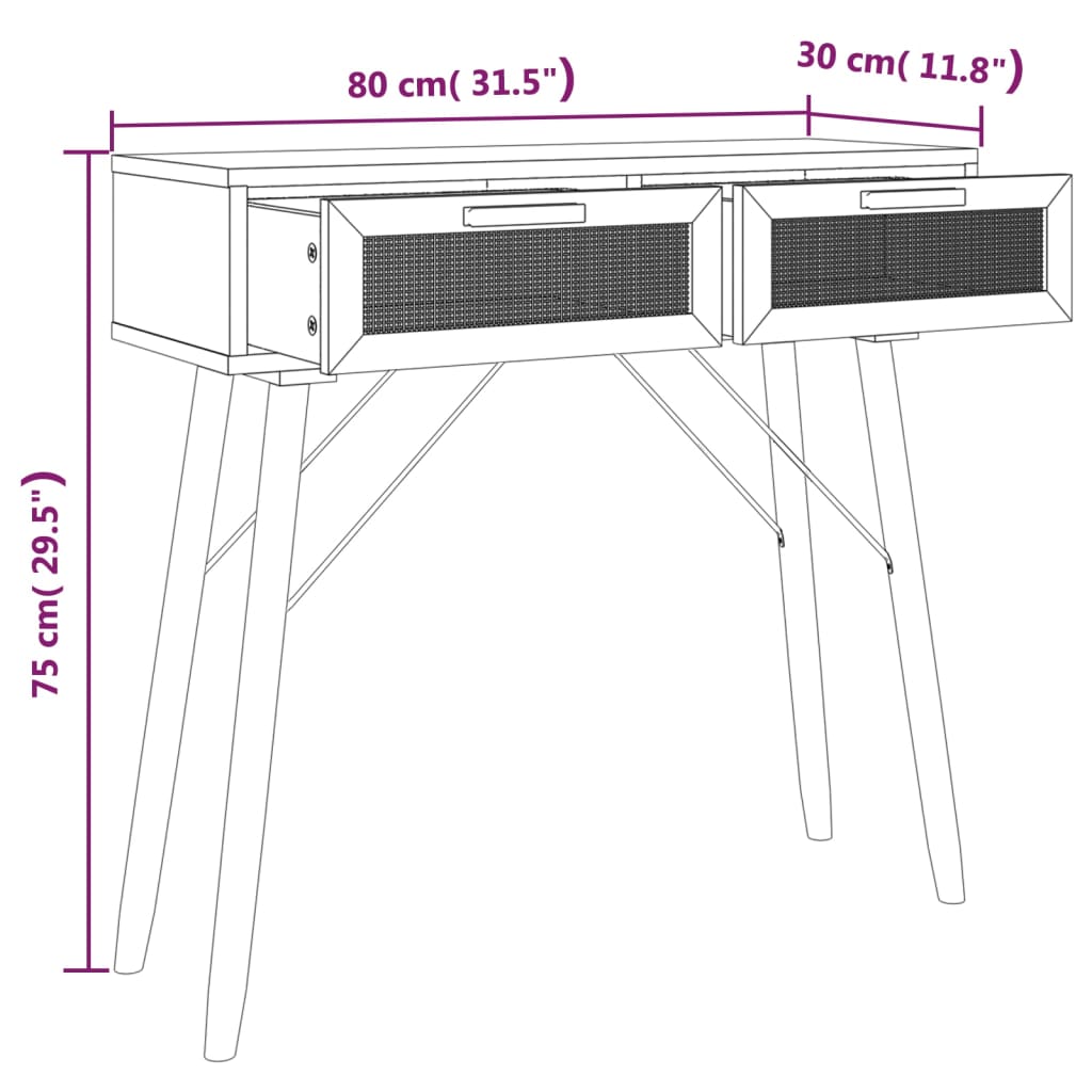 Konzolni stol smeđi 80x30x75 cm od borovine i prirodnog ratana