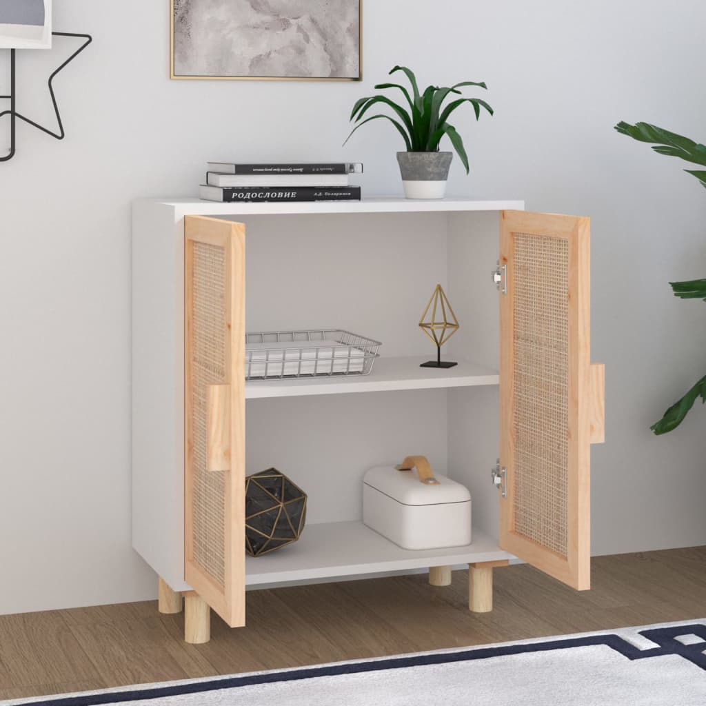 Komoda bijela 60 x 30 x 70 cm masivna borovina i prirodni ratan
