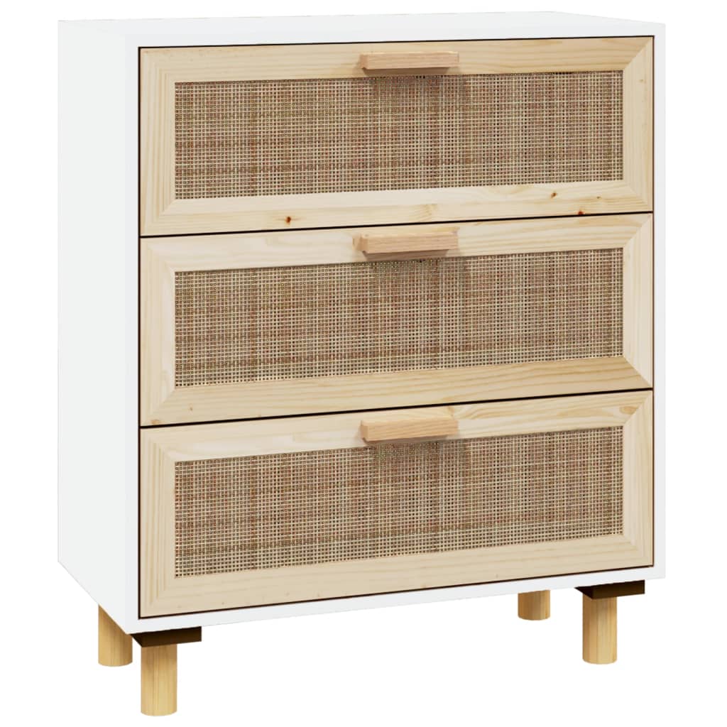 Komoda bijela 60 x 30 x 70 cm masivna borovina i prirodni ratan