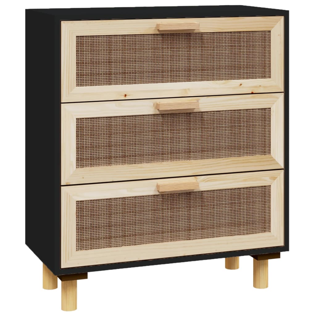 Komoda crna 60 x 30 x 70 cm masivna borovina i prirodni ratan