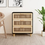 Komoda crna 60 x 30 x 70 cm masivna borovina i prirodni ratan