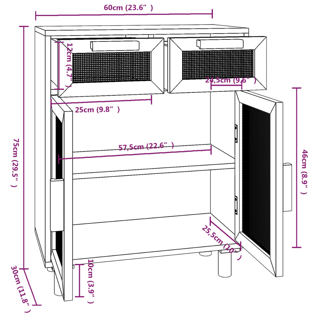 Komoda smeđa 60x30x75 cm masivna borovina i prirodni ratan
