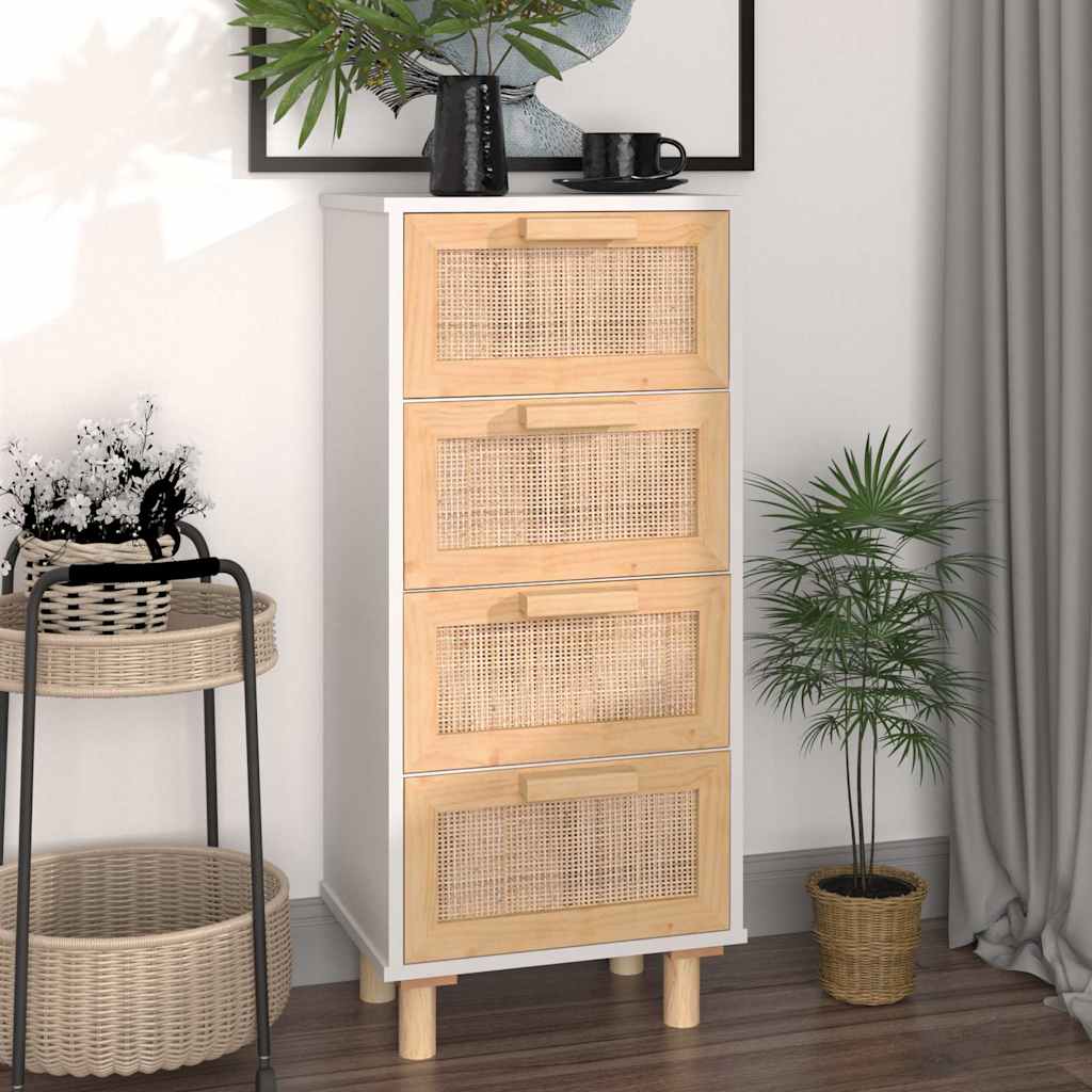 Komoda bijela 40 x 30 x 90 cm masivna borovina i prirodni ratan