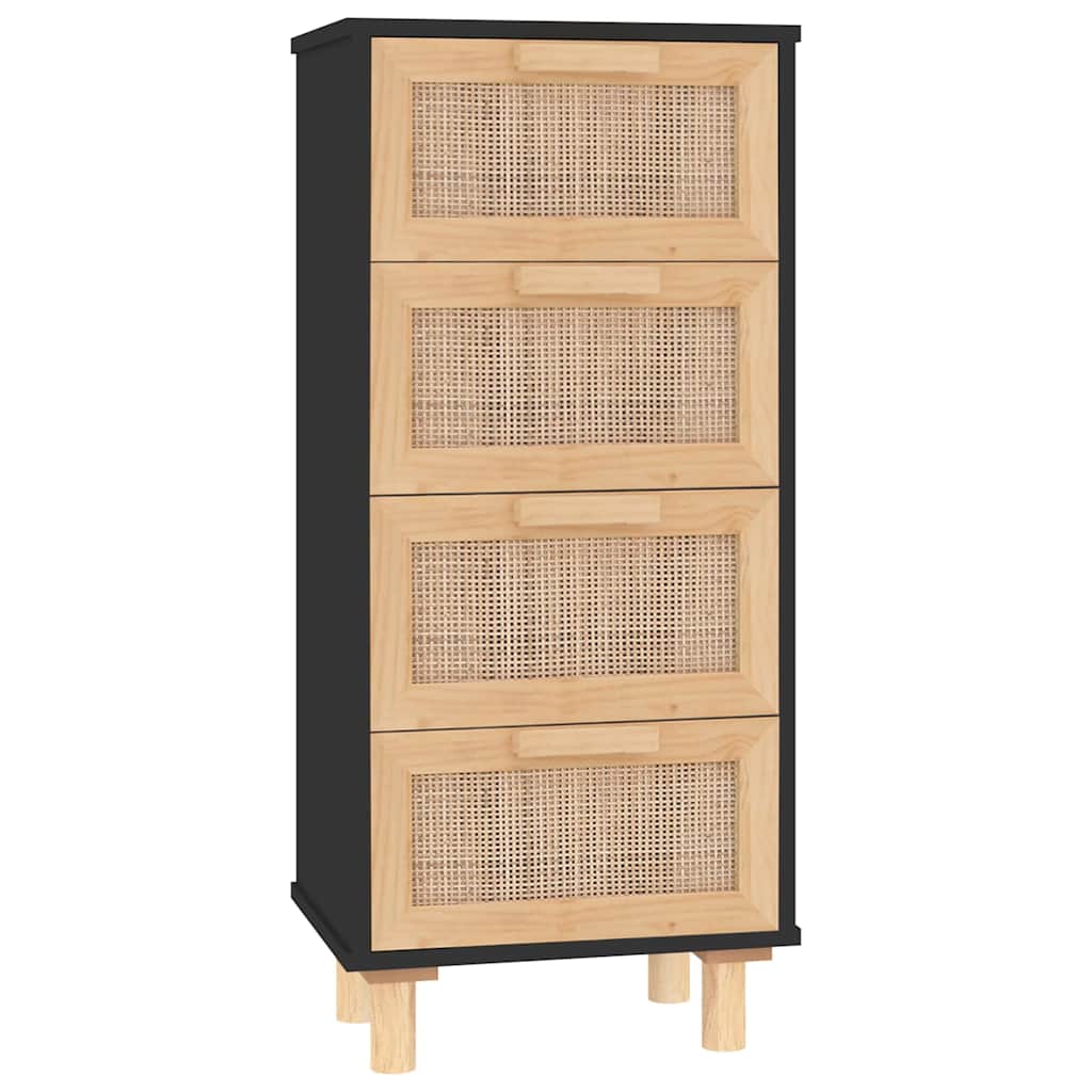 Komoda crna 40x30x90 cm masivna borovina i prirodni ratan