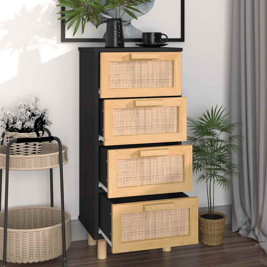 Komoda crna 40x30x90 cm masivna borovina i prirodni ratan