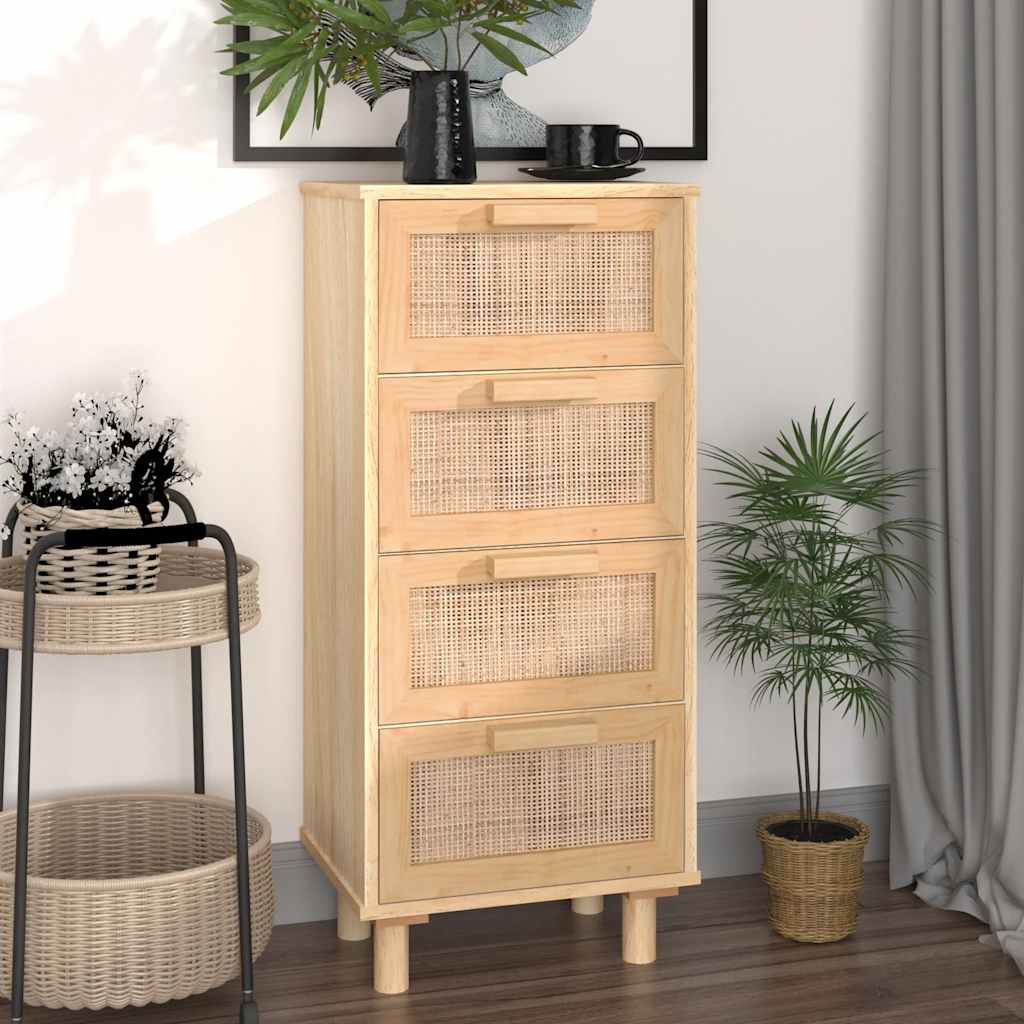 Komoda smeđa 40 x 30 x 90 cm masivna borovina i prirodni ratan