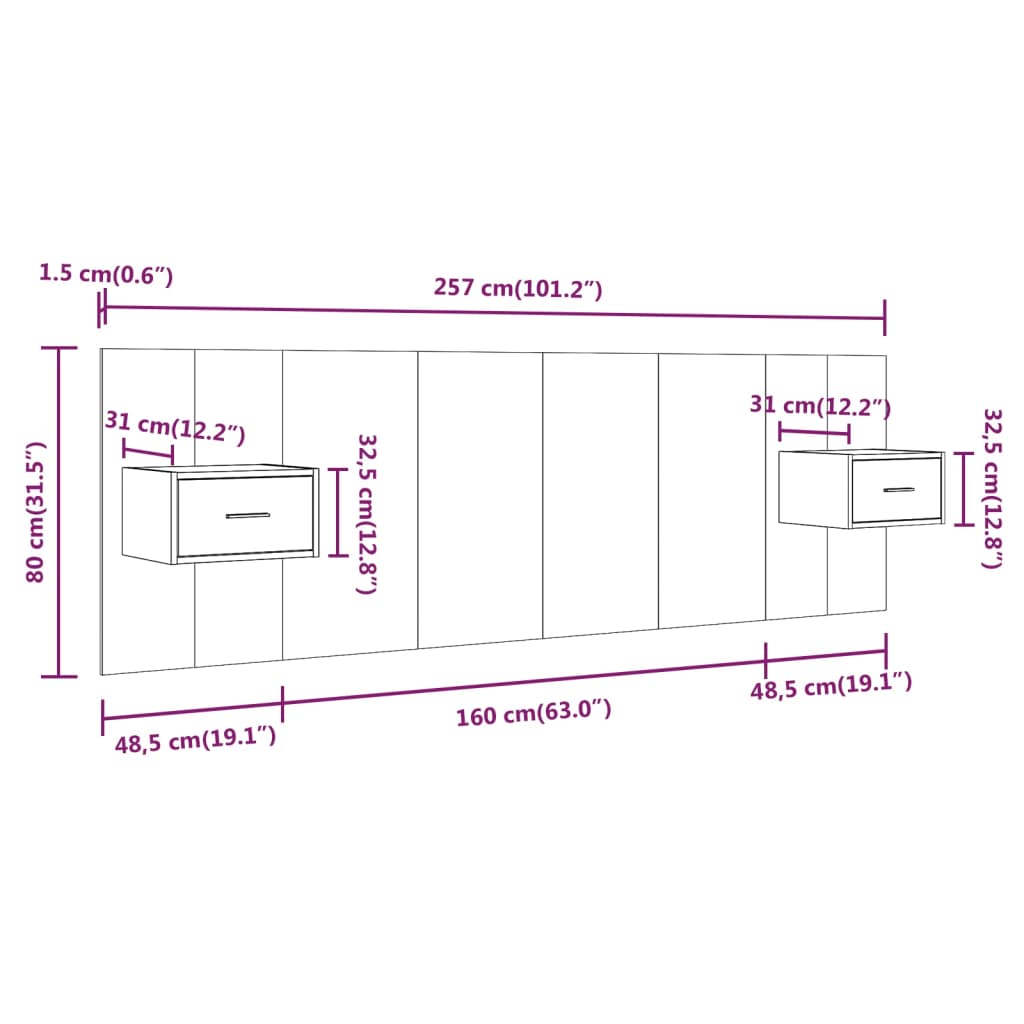 Uzglavlje za krevet s ormarićima boja betona konstruirano drvo