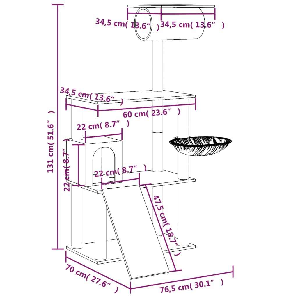 Penjalica za mačke sa stupovima za grebanje krem 131 cm