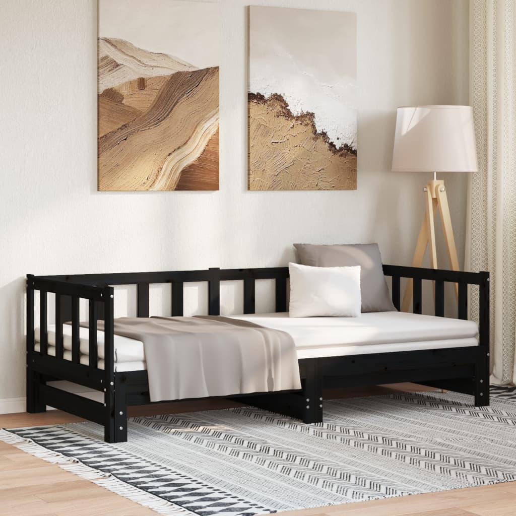 Dnevni ležaj na izvlačenje crni 2x(90x190) cm masivna borovina