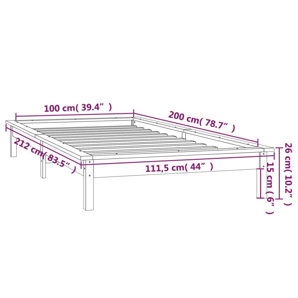 LED okvir za krevet sivi 100 x 200 cm od masivnog drva