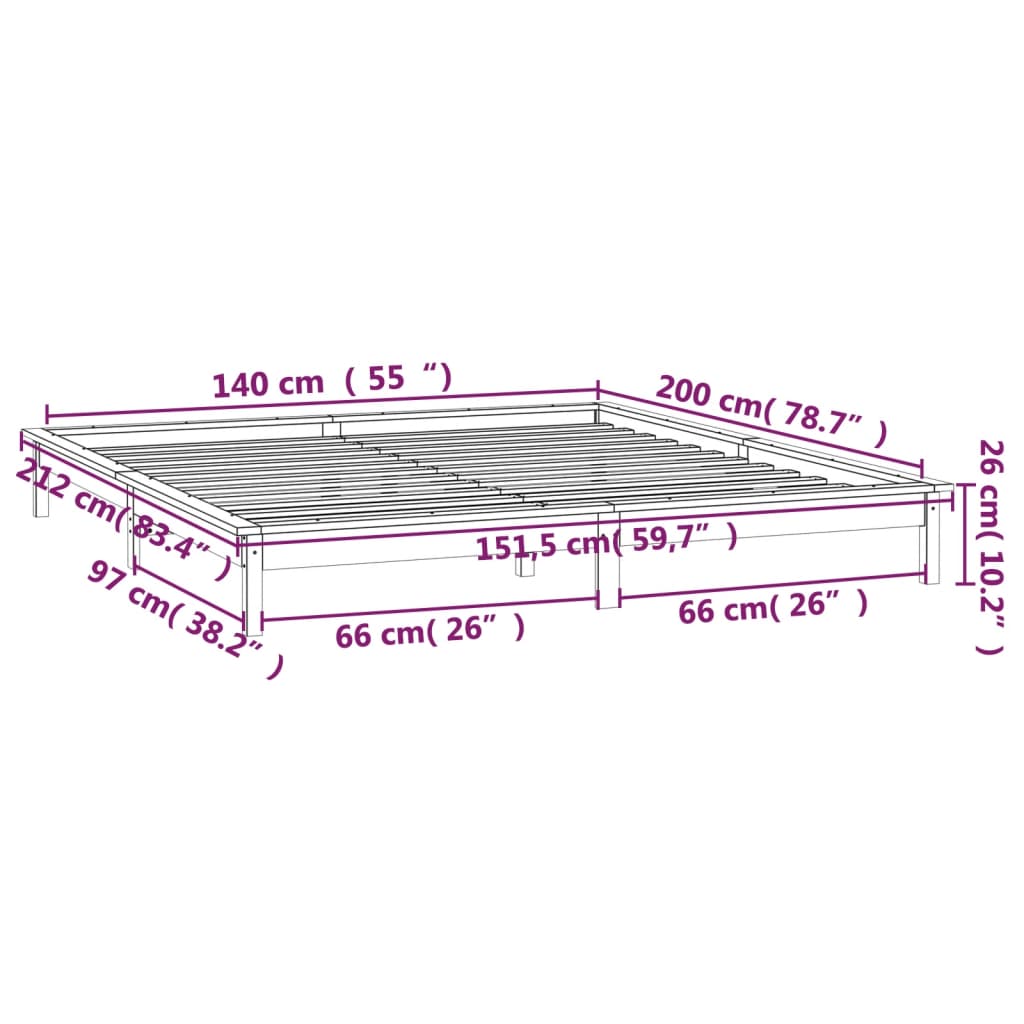 LED Okvir za krevet smeđa boja meda 140x200 cm od masivnog drva