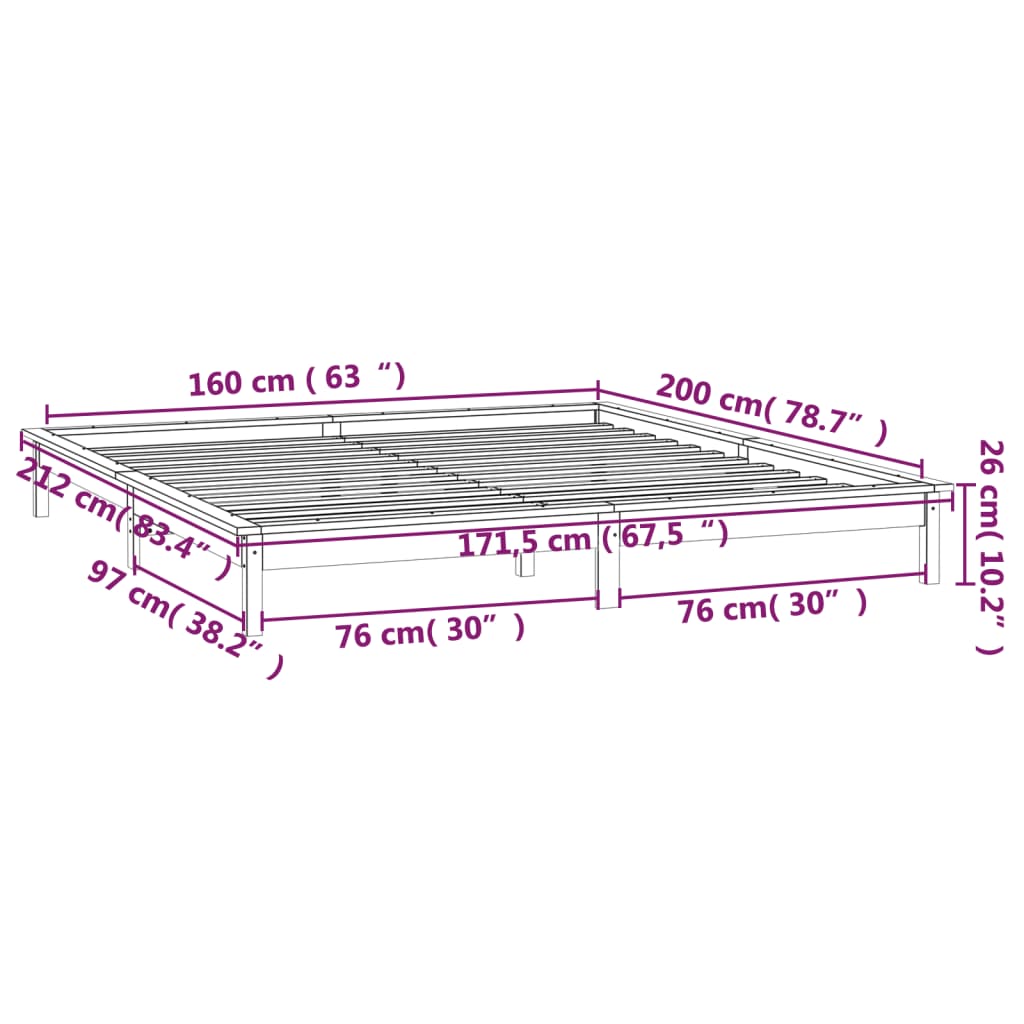 LED okvir za krevet crni 160 x 200 cm od masivnog drva