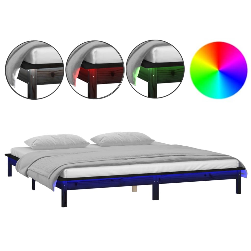 LED okvir za krevet crni 200 x 200 cm od masivnog drva