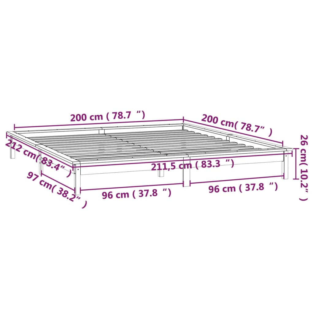 LED okvir za krevet crni 200 x 200 cm od masivnog drva