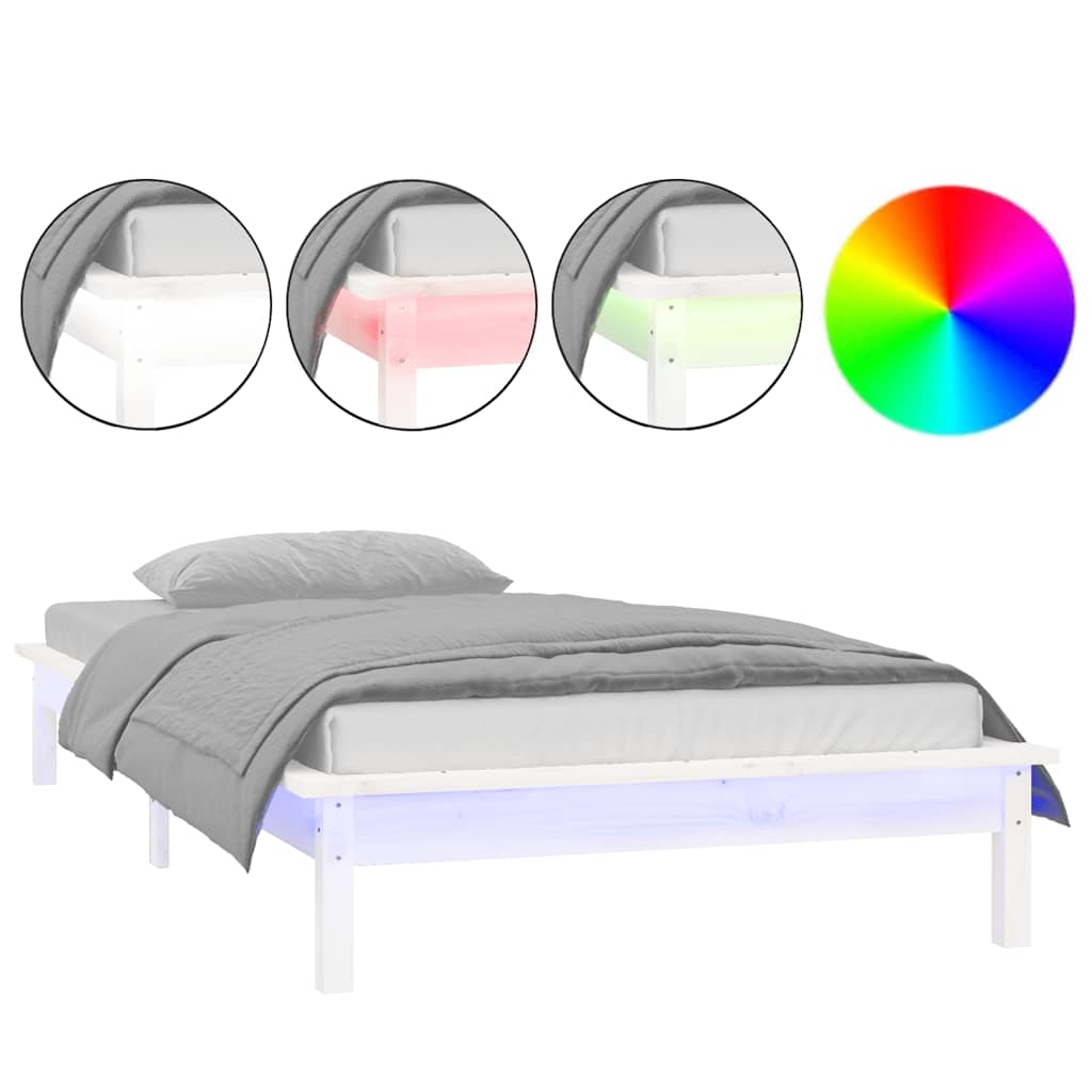 LED okvir kreveta bijeli 90 x 190 cm mali od masivnog drva