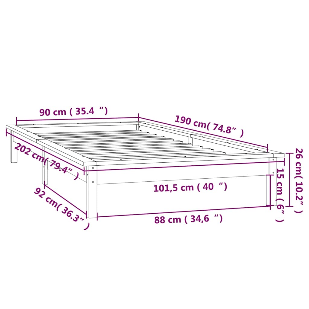 LED okvir kreveta bijeli 90 x 190 cm mali od masivnog drva
