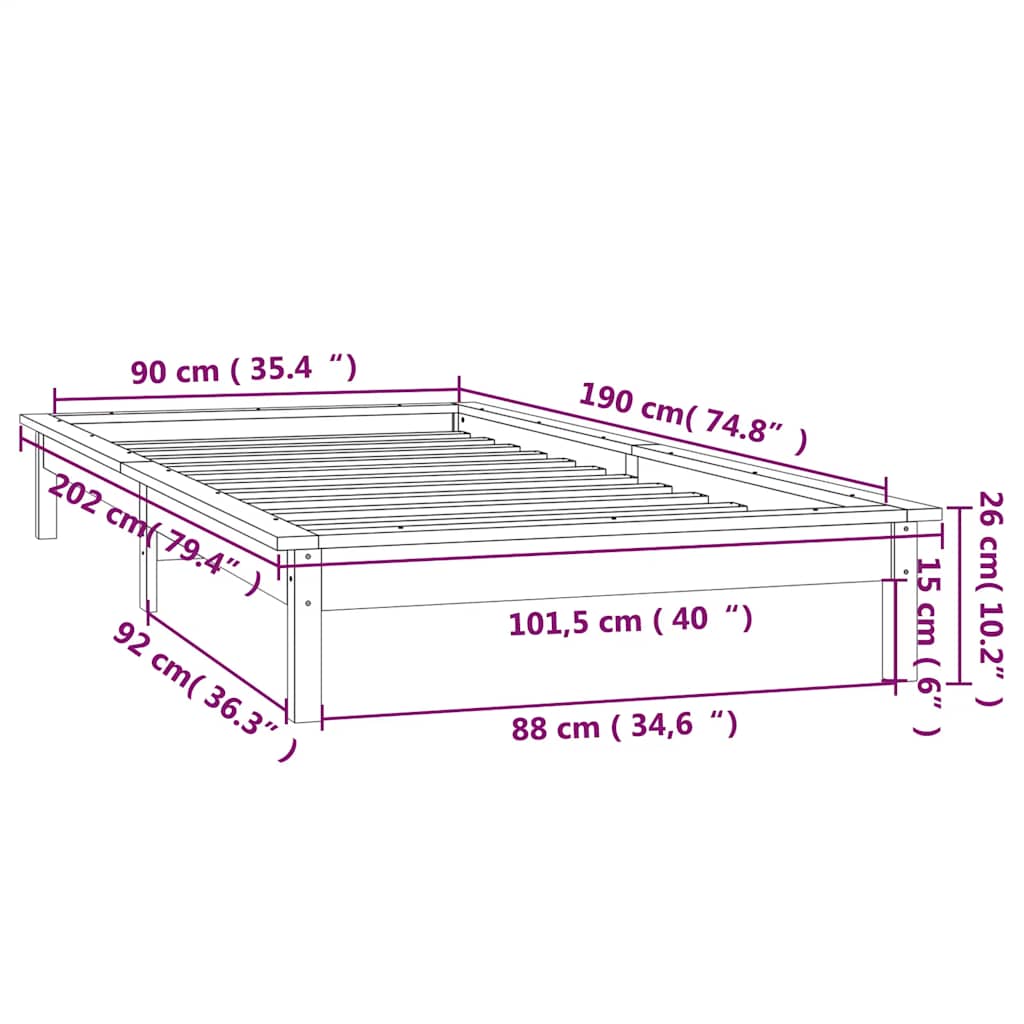 LED okvir kreveta boja meda 90 x 190 cm mali od masivnog drva