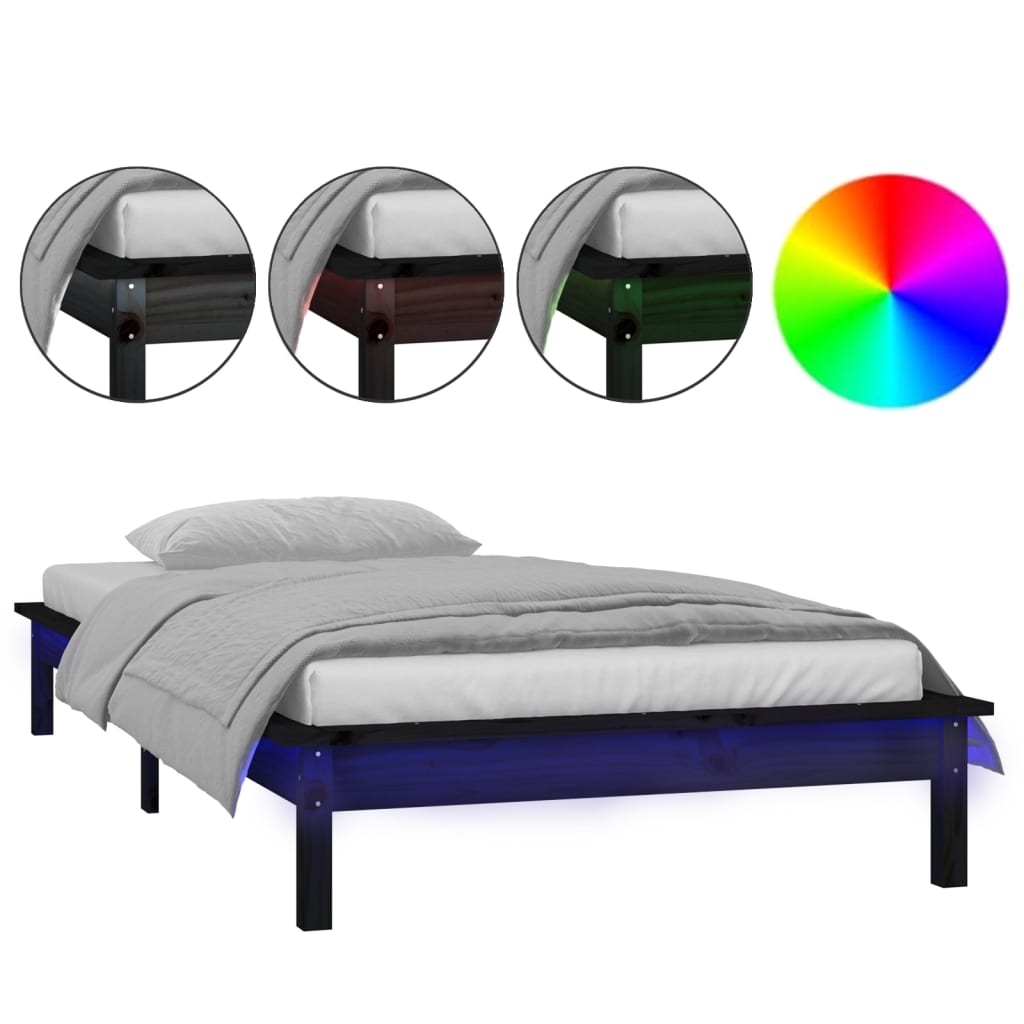 LED okvir kreveta crni 90 x 190 cm mali od masivnog drva