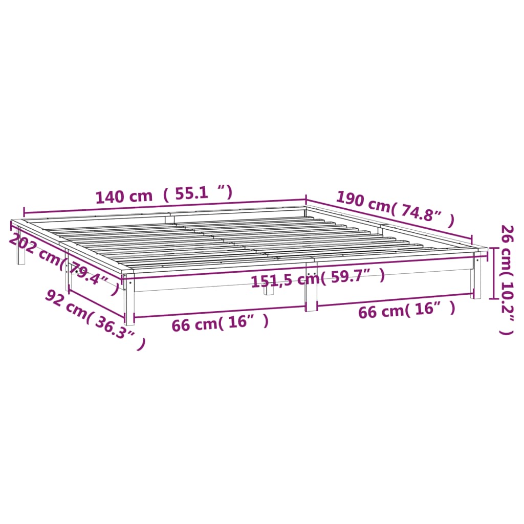 LED okvir za krevet bijela 140 x 190 cm od masivnog drva