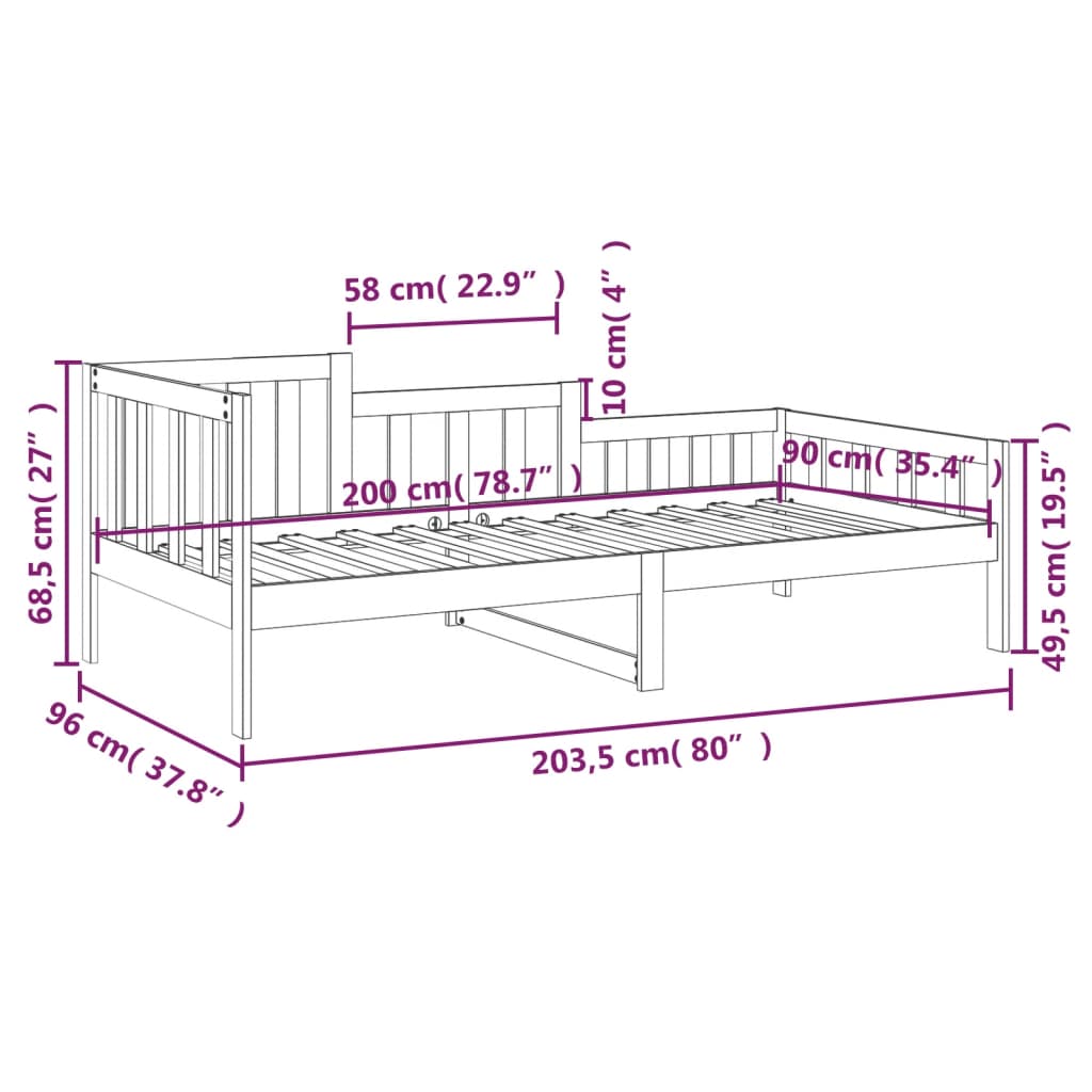 Dnevni krevet bez madraca bijeli 90 x 200 cm masivna borovina