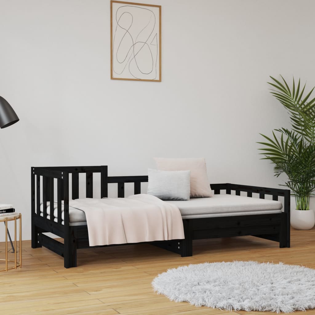 Dnevni ležaj na izvlačenje crni 2x(90x190) cm masivna borovina