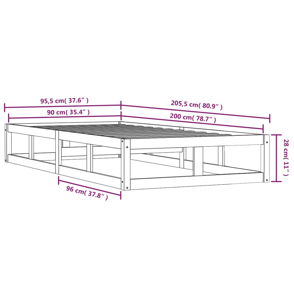 Okvir za krevet bijeli 90 x 200 cm od masivnog drva
