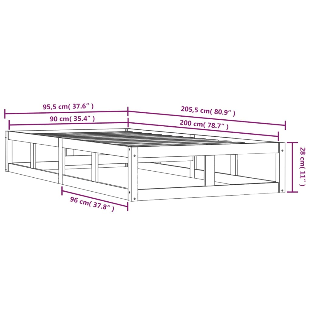 Okvir za krevet crni 90 x 200 cm od masivnog drva