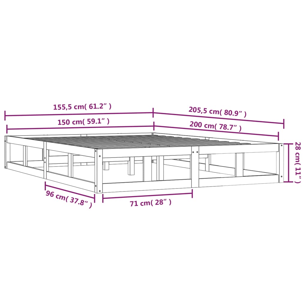 Okvir za krevet od masivnog drva bijeli 150 x 200 cm veliki