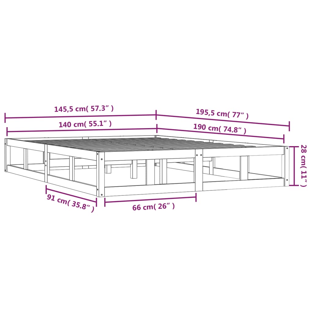 Okvir za krevet bijela 140x190 cm od masivnog drva
