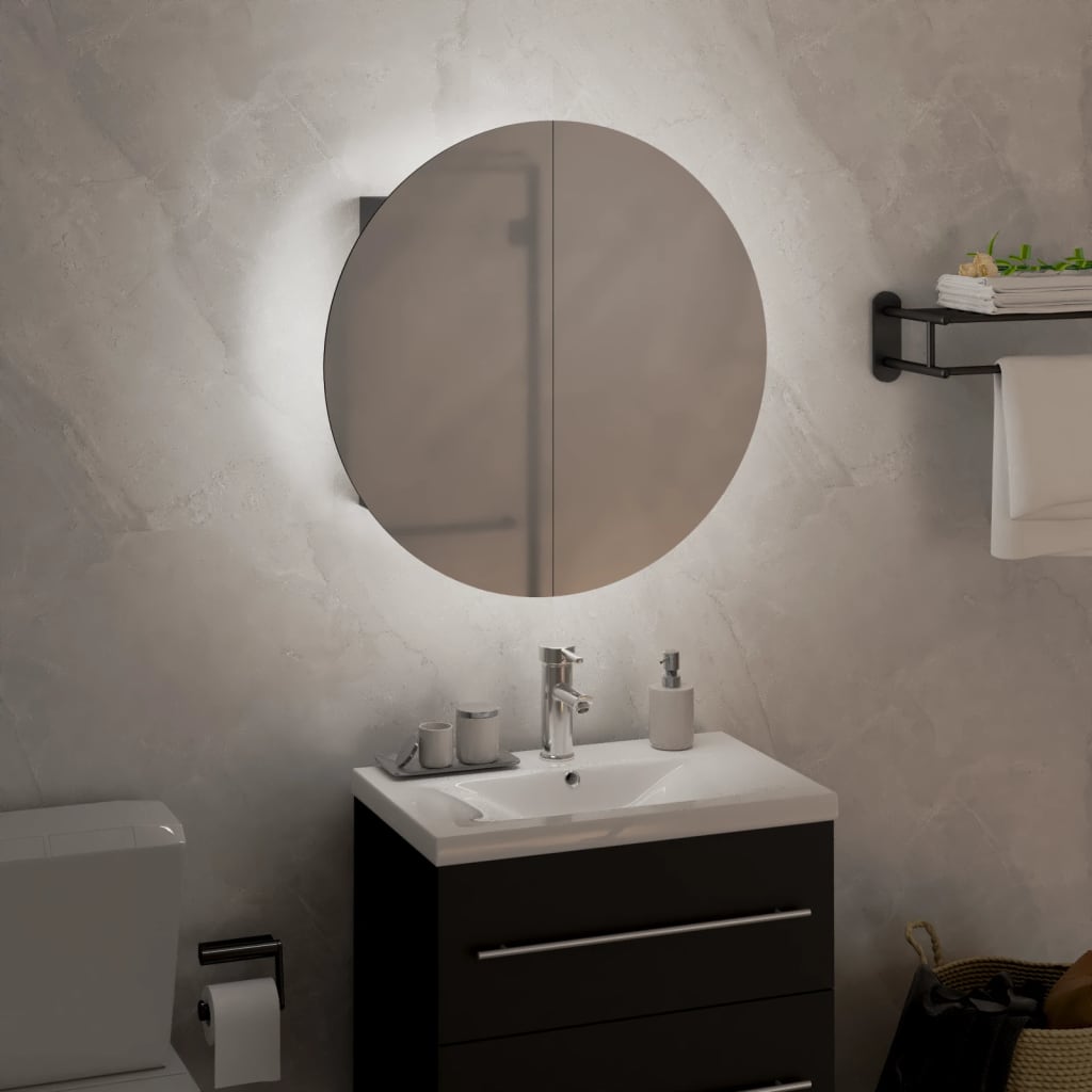 Kupaonski ormarić s okruglim ogledalom LED sivi 40x40x17,5 cm