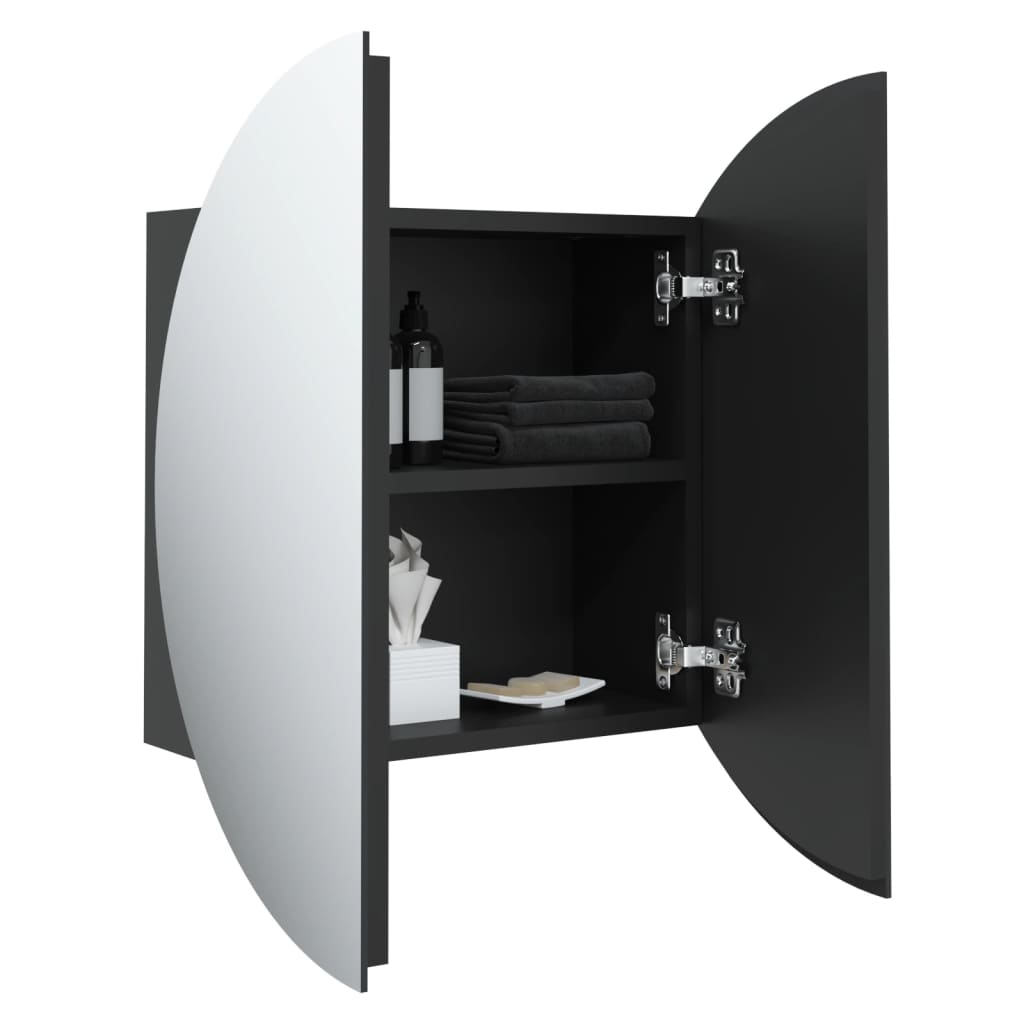 Kupaonski ormarić s okruglim ogledalom LED crni 47x47x17,5 cm
