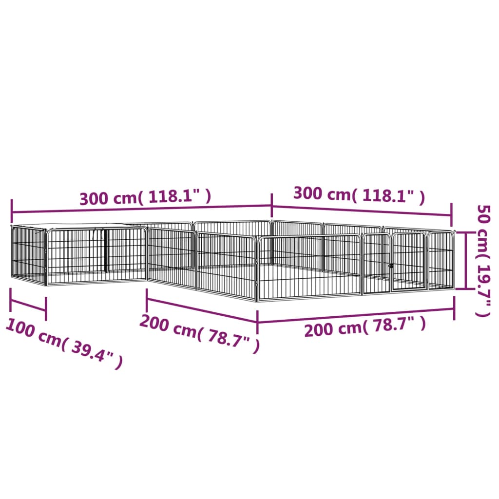 Ograda za pse s 12 panela crna 100 x 50 cm čelik obložen prahom