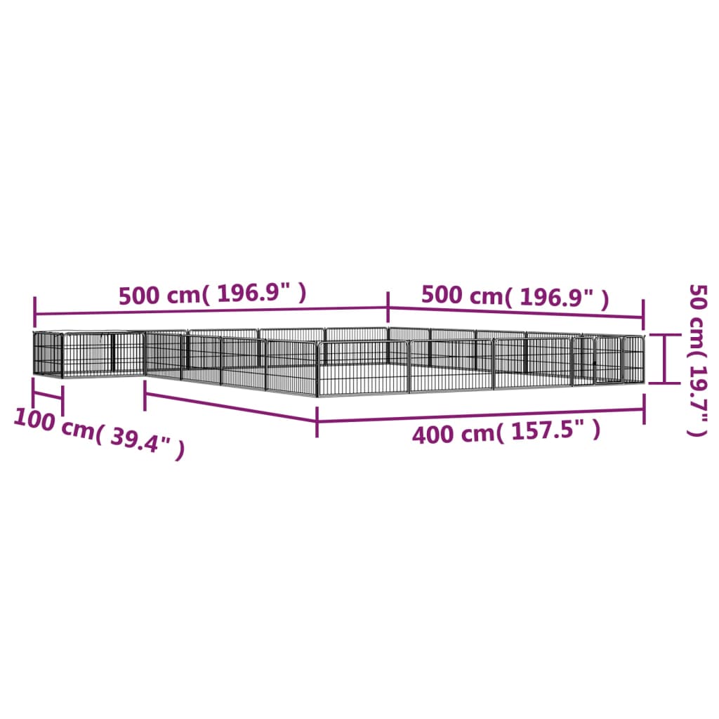 Ograda za pse s 20 panela crna 100 x 50 cm čelik obložen prahom