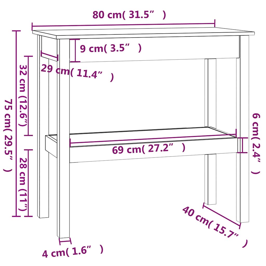 Konzolni stol crni 80 x 40 x 75 cm od masivne borovine