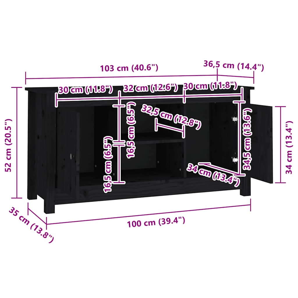 TV ormarić crni 103 x 36,5 x 52 cm od masivne borovine