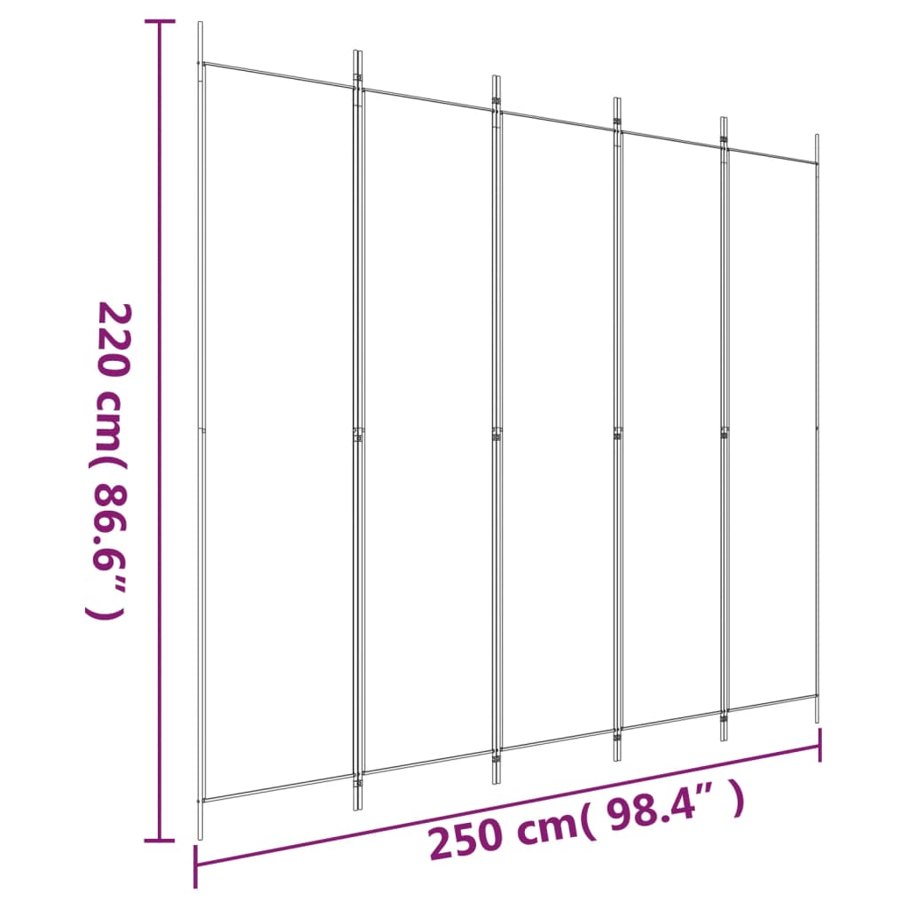 Sobna pregrada s 5 panela bijela 250 x 220 cm od tkanine