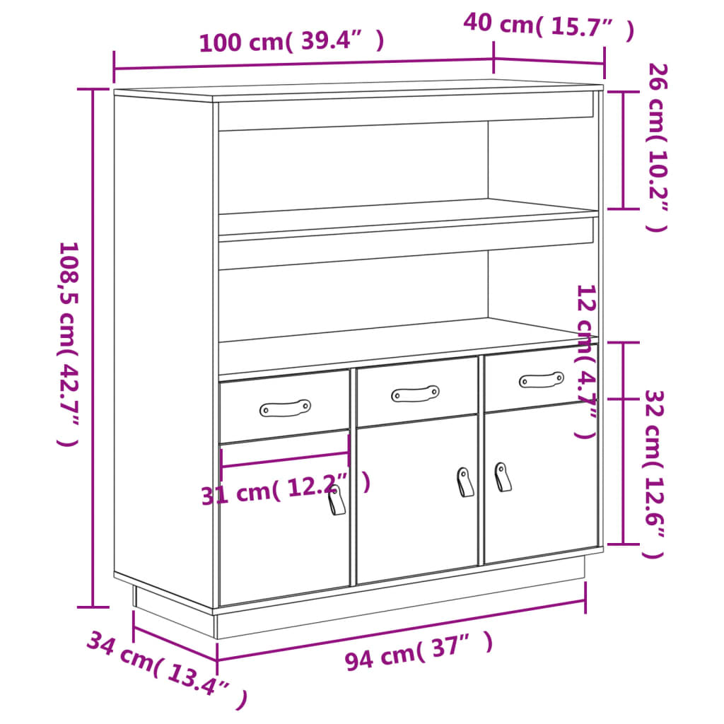 Visoka komoda bijela 100 x 40 x 108,5 cm od masivne borovine