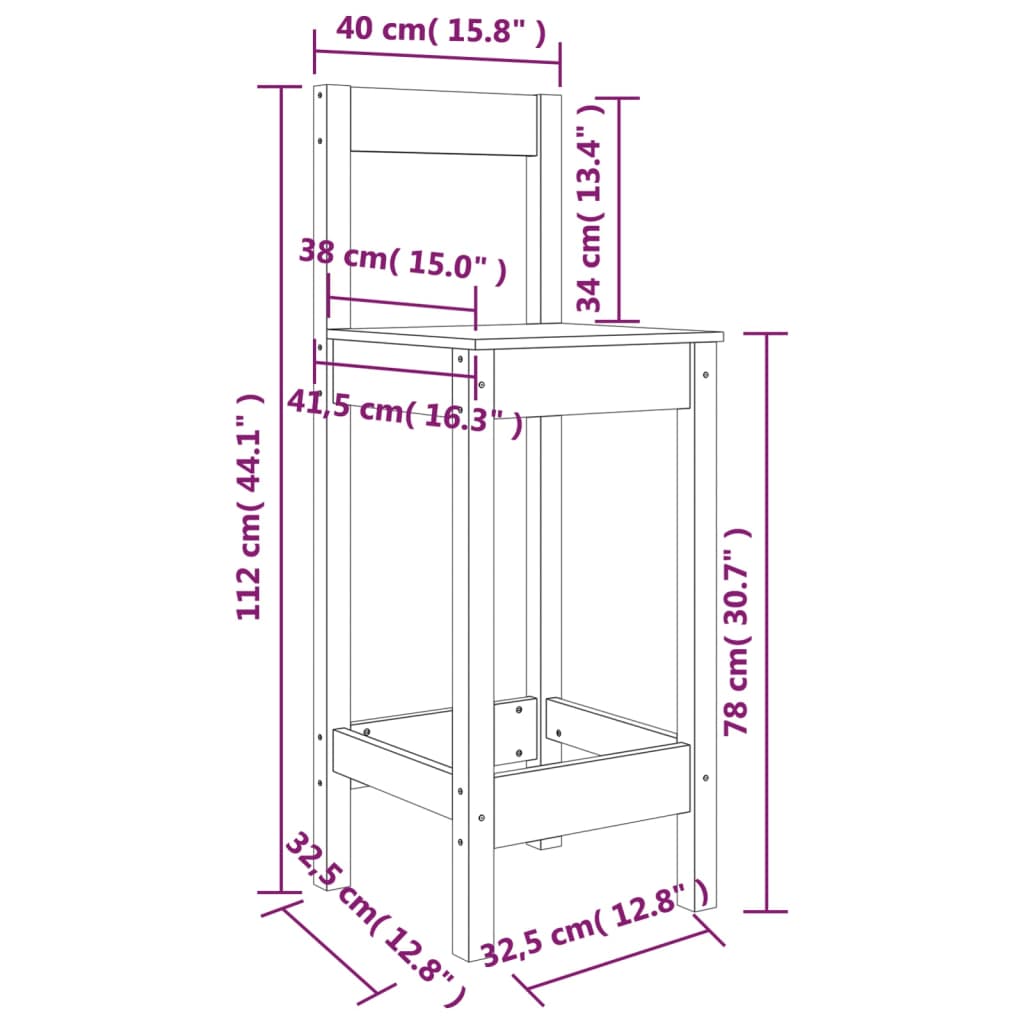 Barske stolice 2 kom bijele 40x41,5x112 cm od masivne borovine