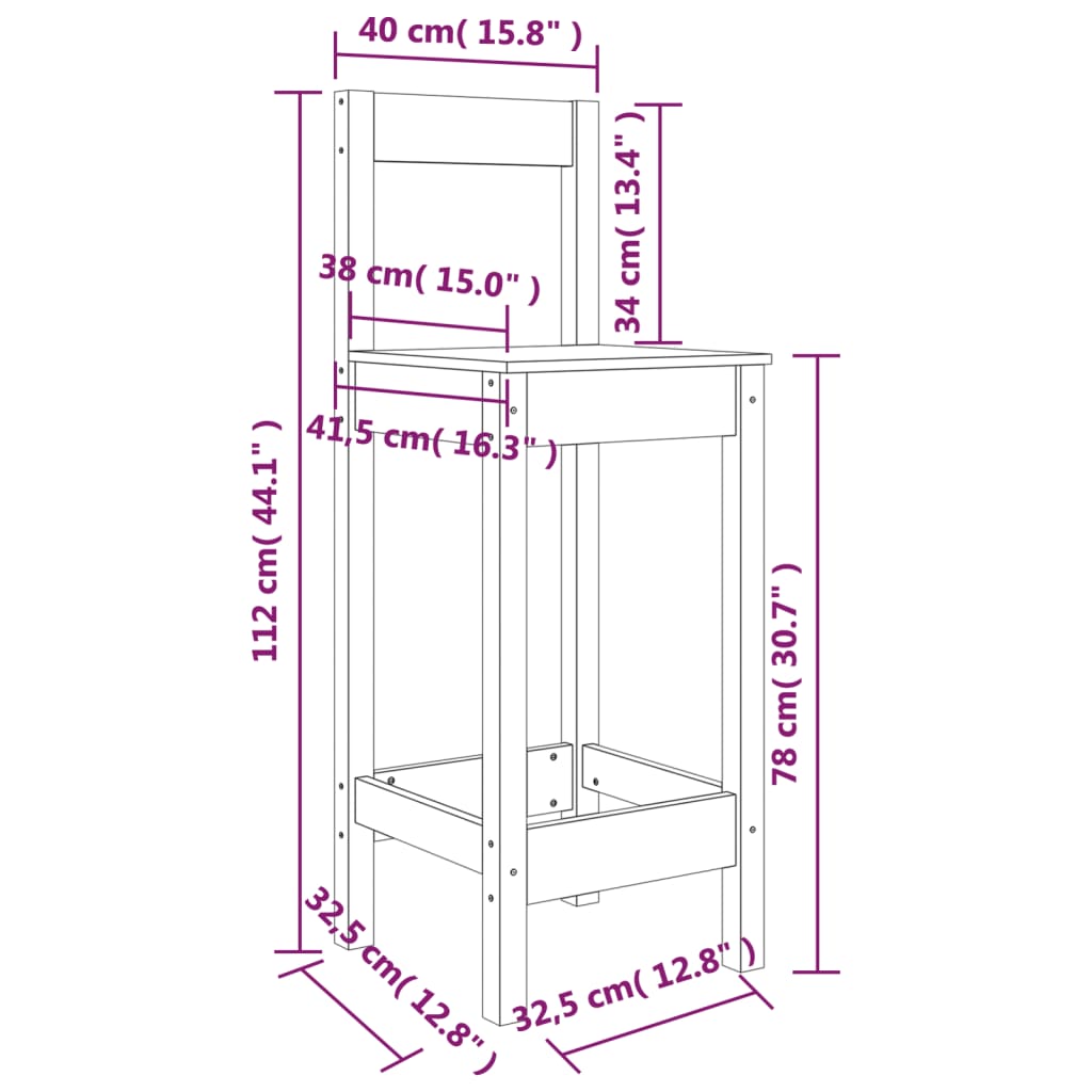 Barske stolice 2 kom crne 40x41,5x112 cm od masivne borovine