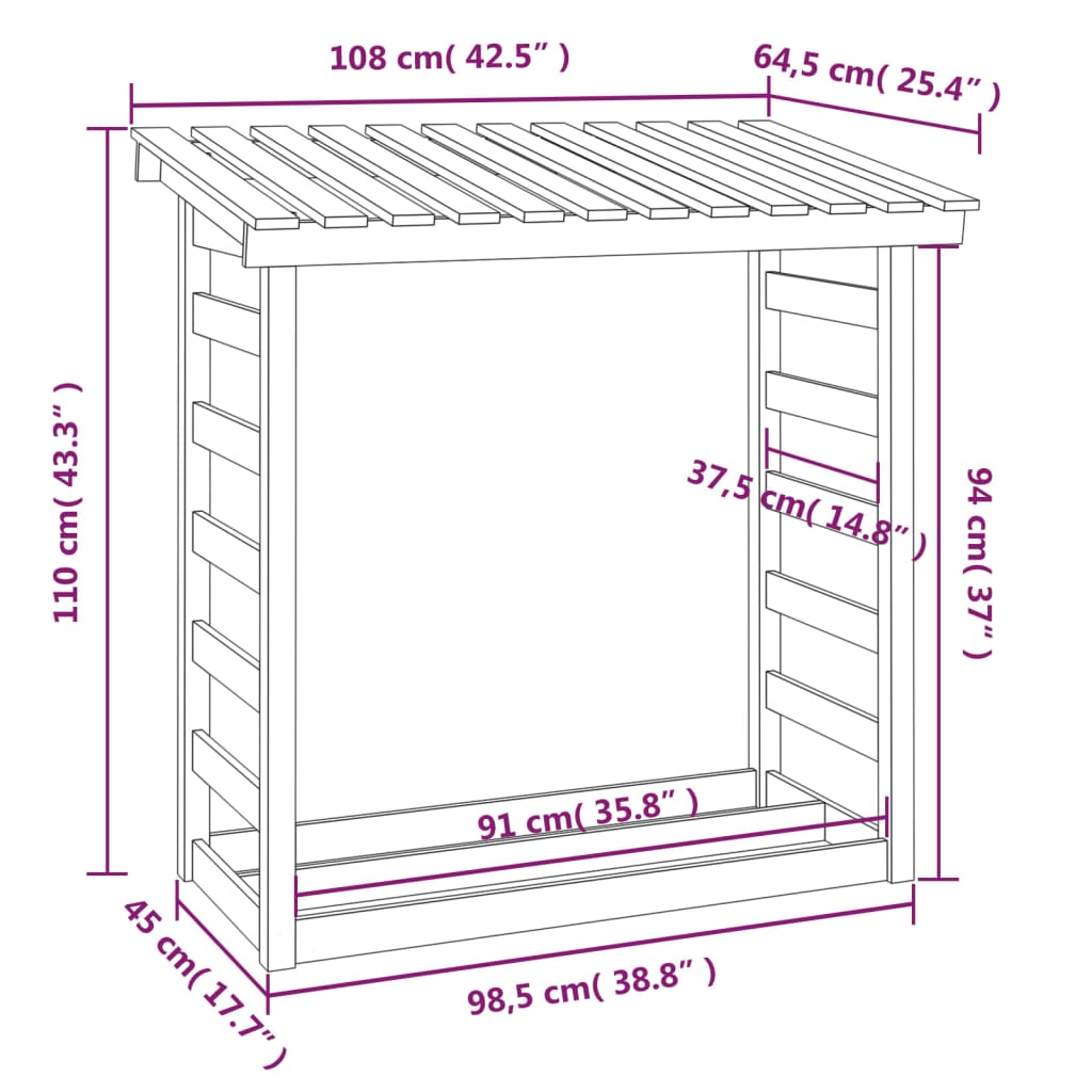 Stalak za drva za ogrjev 108x64,5x110 cm od masivne borovine