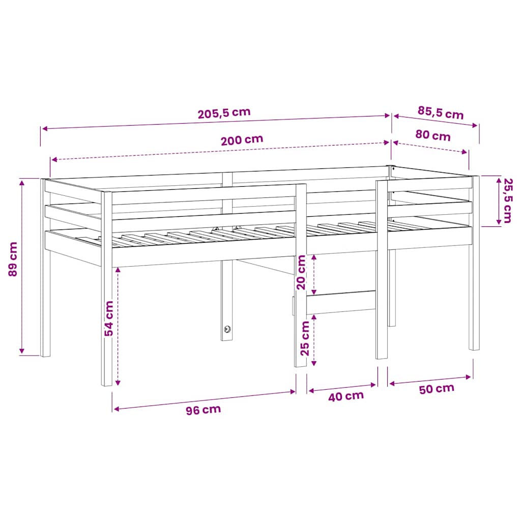 Visoki krevet bijeli 80 x 200 cm od masivne borovine