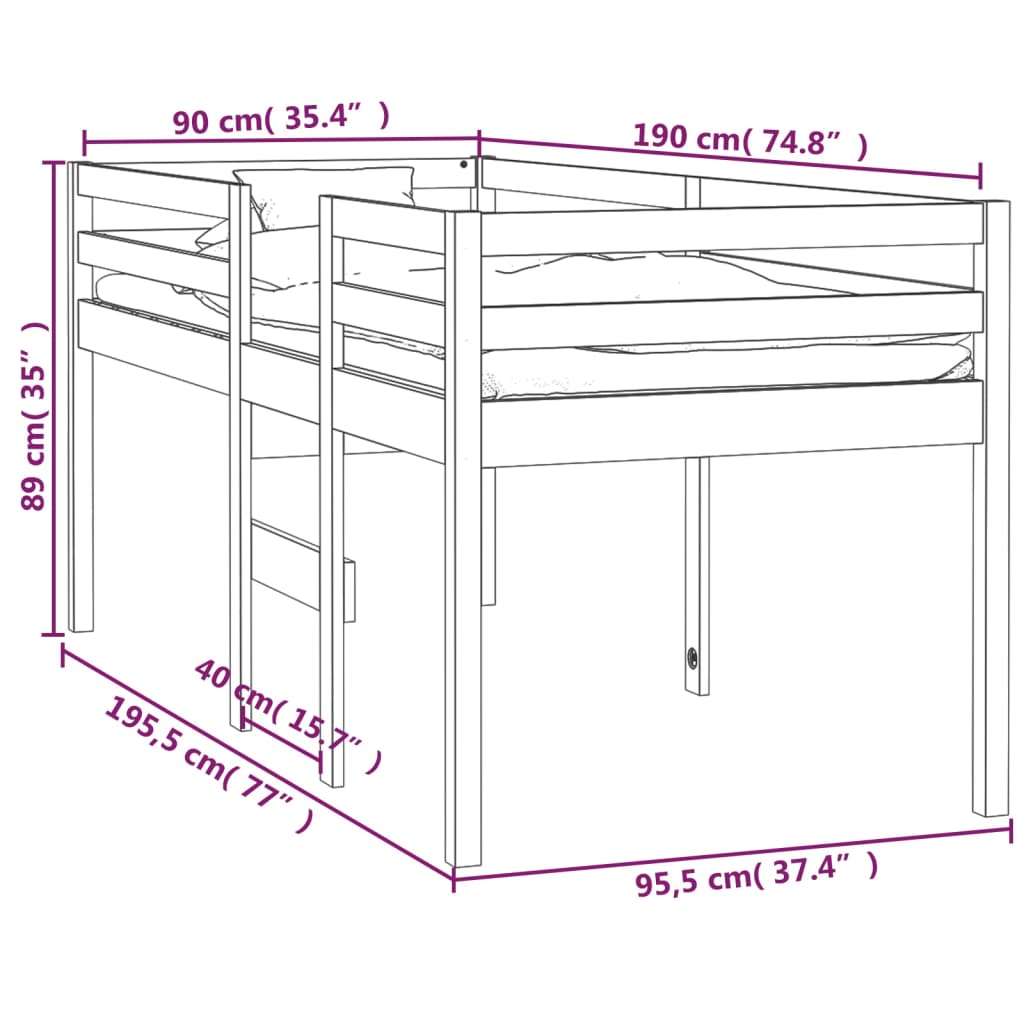 Visoki krevet 90 x 190 cm od masivne borovine
