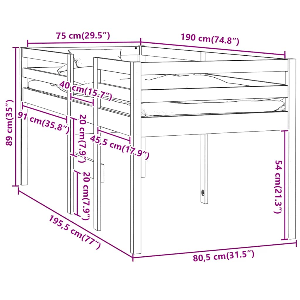 Visoki krevet bijeli 75 x 190 cm od masivne borovine