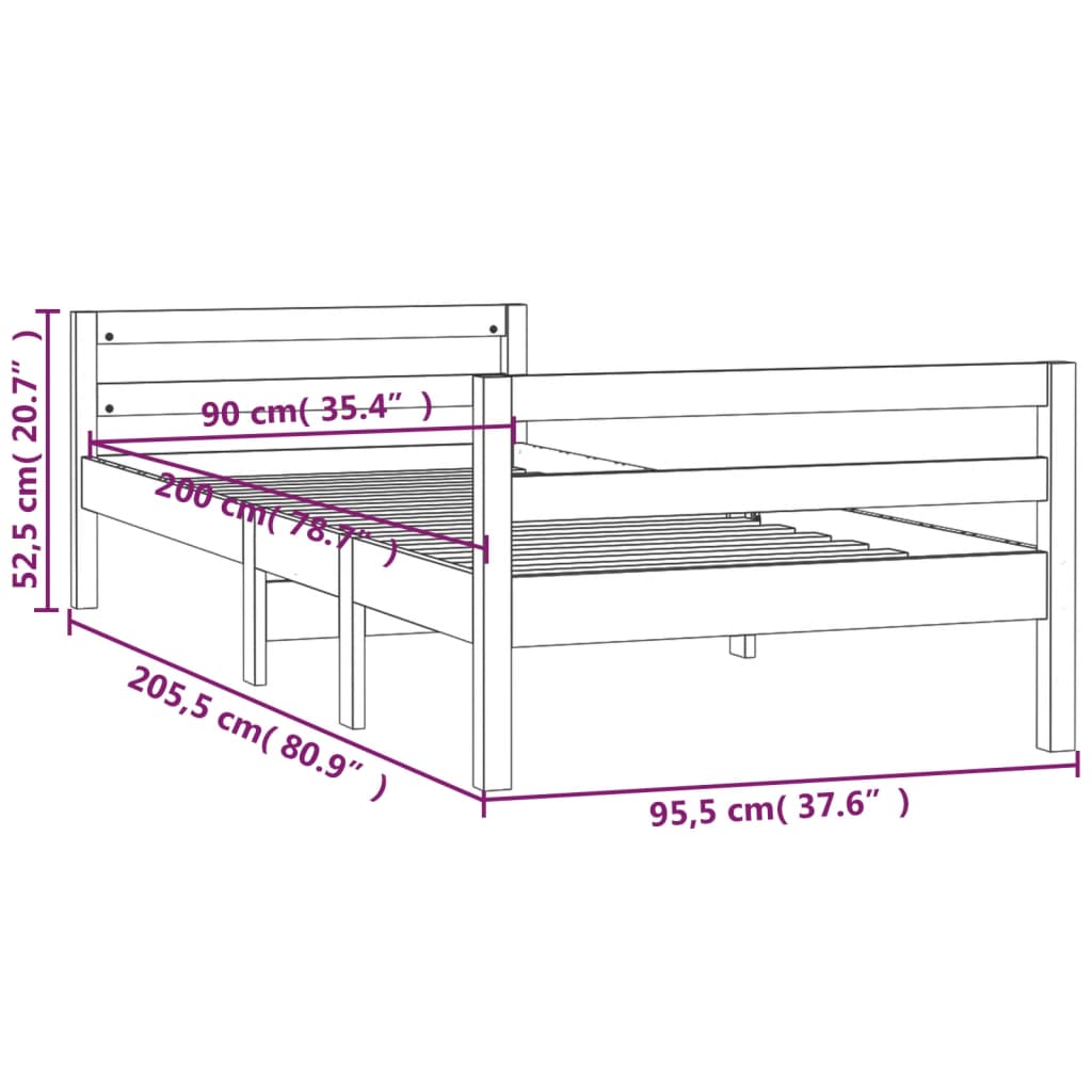 Okvir za krevet sivi 90 x 200 cm od masivne borovine