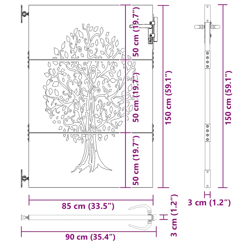 Vrtna vrata 85 x 150 cm od čelika COR-TEN s uzorkom stabla