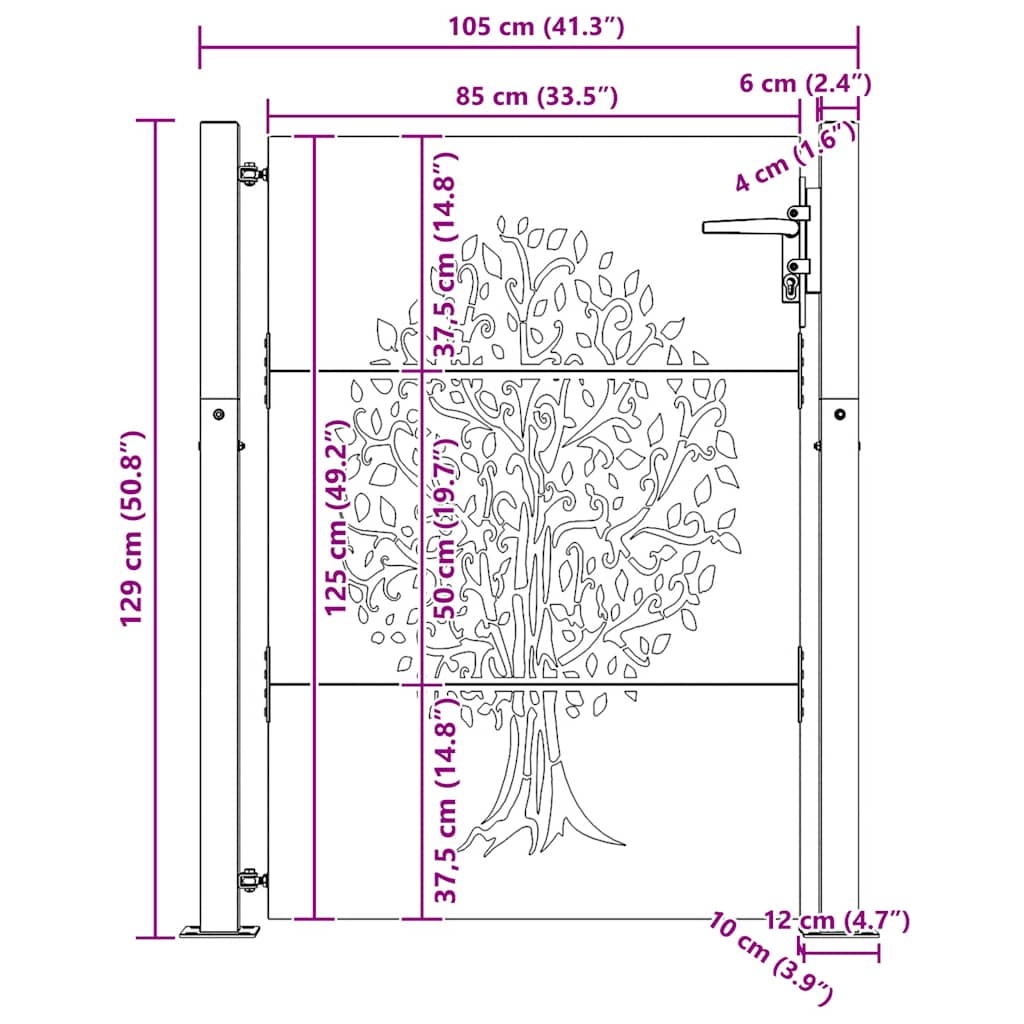 Vrtna vrata 100x125 cm Corten čelik Dizajn stabla